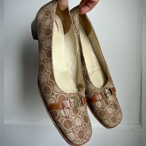 Ferragamo Authentic Monogram Canvas Gancini Heeled Loafers